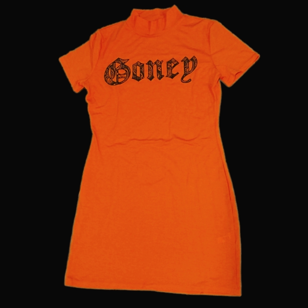 Fitted dress,  goney print, a lil dark orange,